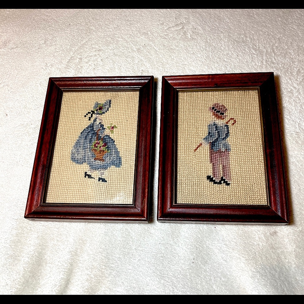 2 framed cross stitch Victorian girl boy art